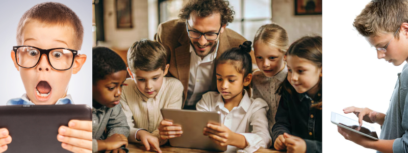 Grupo de alumnos con profesor mostrando tablet